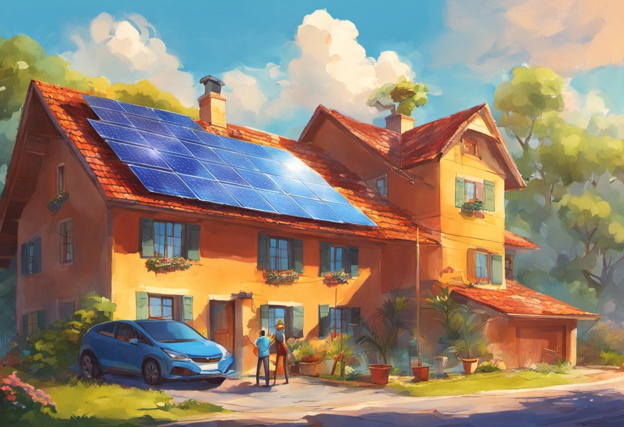 Famille joyeuse installe des panneaux solaires sur le toit